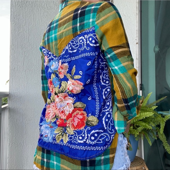 Plaid Button Down Shirt with Floral Patchwork - Picture 1 of 10